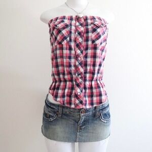 y2k pink plaid strapless tube top peplum bustier size S